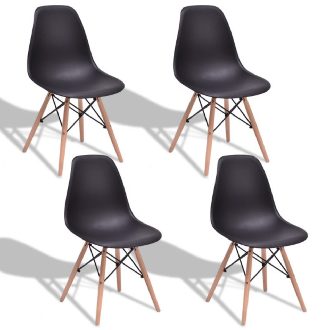 4 Pack Dining Chairs Mid Century Modern Ergonomic ABS Seat Beech Wood Legs Black